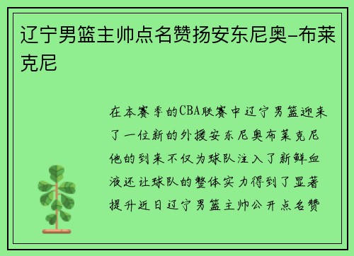 辽宁男篮主帅点名赞扬安东尼奥-布莱克尼