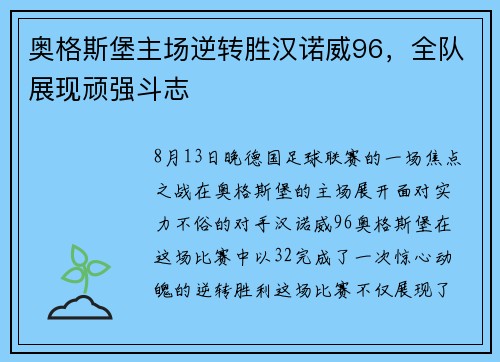 奥格斯堡主场逆转胜汉诺威96,全队展现顽强斗志