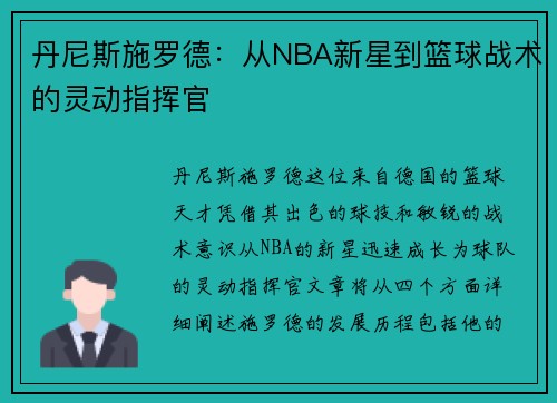 丹尼斯施罗德：从NBA新星到篮球战术的灵动指挥官