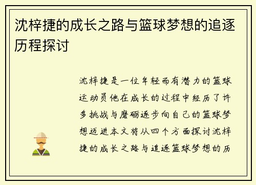 沈梓捷的成长之路与篮球梦想的追逐历程探讨