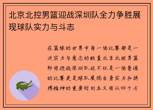 北京北控男篮迎战深圳队全力争胜展现球队实力与斗志