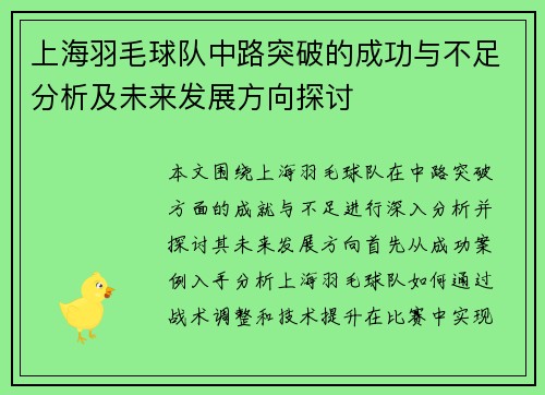 上海羽毛球队中路突破的成功与不足分析及未来发展方向探讨